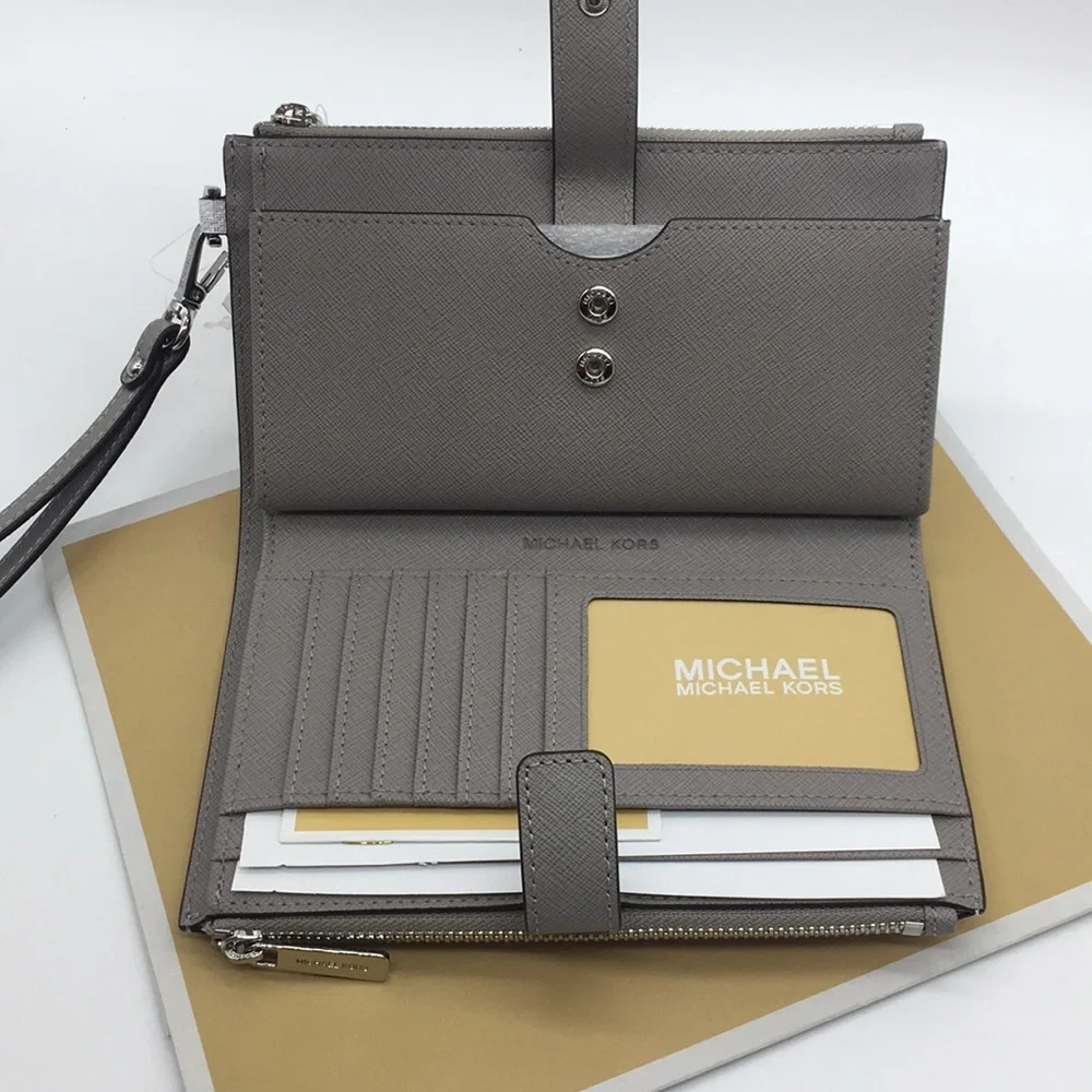 MICHAEL KORS LG DOUBLE ZIP wristlet BRT WHITE